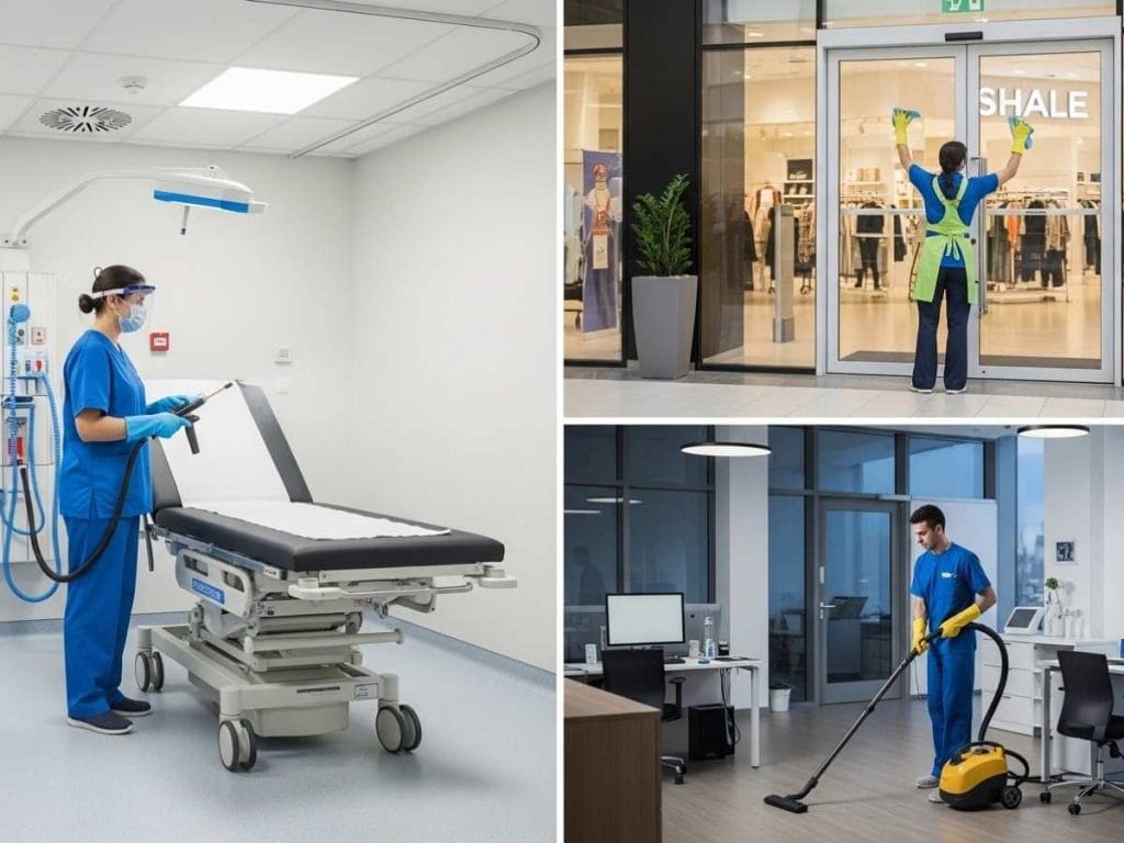 Professional cleaners maintaining hygiene across healthcare, retail, and corporate office environments.