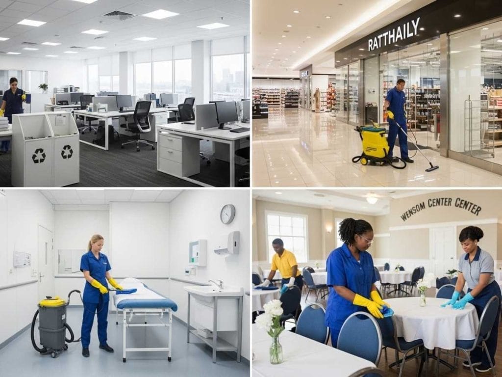 Professional cleaners working across different facility types including office, retail, medical clinic, and community center to reflect tailored cleaning contracts.