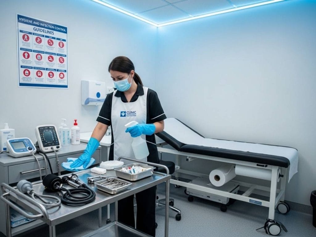 Healthcare cleaner disinfecting surfaces in a modern Australian medical clinic following infection control standards.