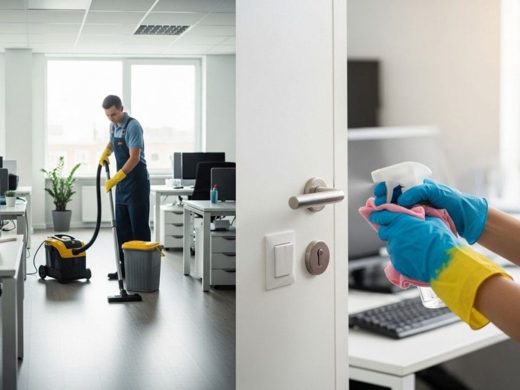 Cleaner performing general office cleaning alongside detailed disinfection of high-touch surfaces in a modern workplace