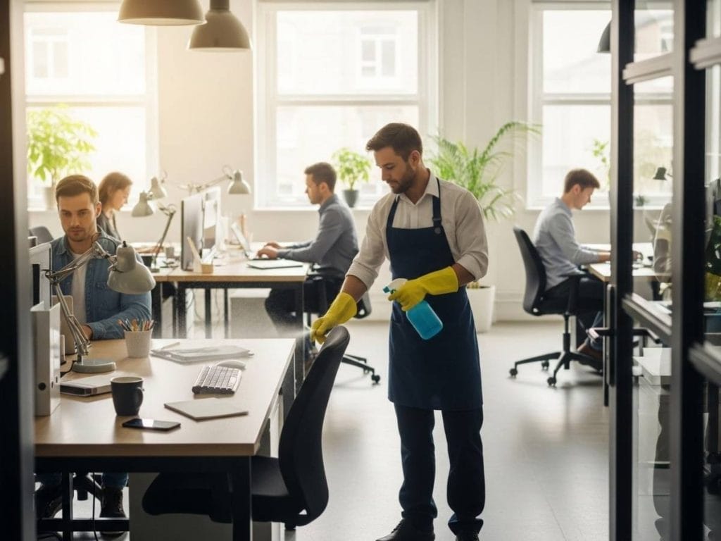 Clean office environment with staff working while surfaces are professionally disinfected to reduce workplace illness