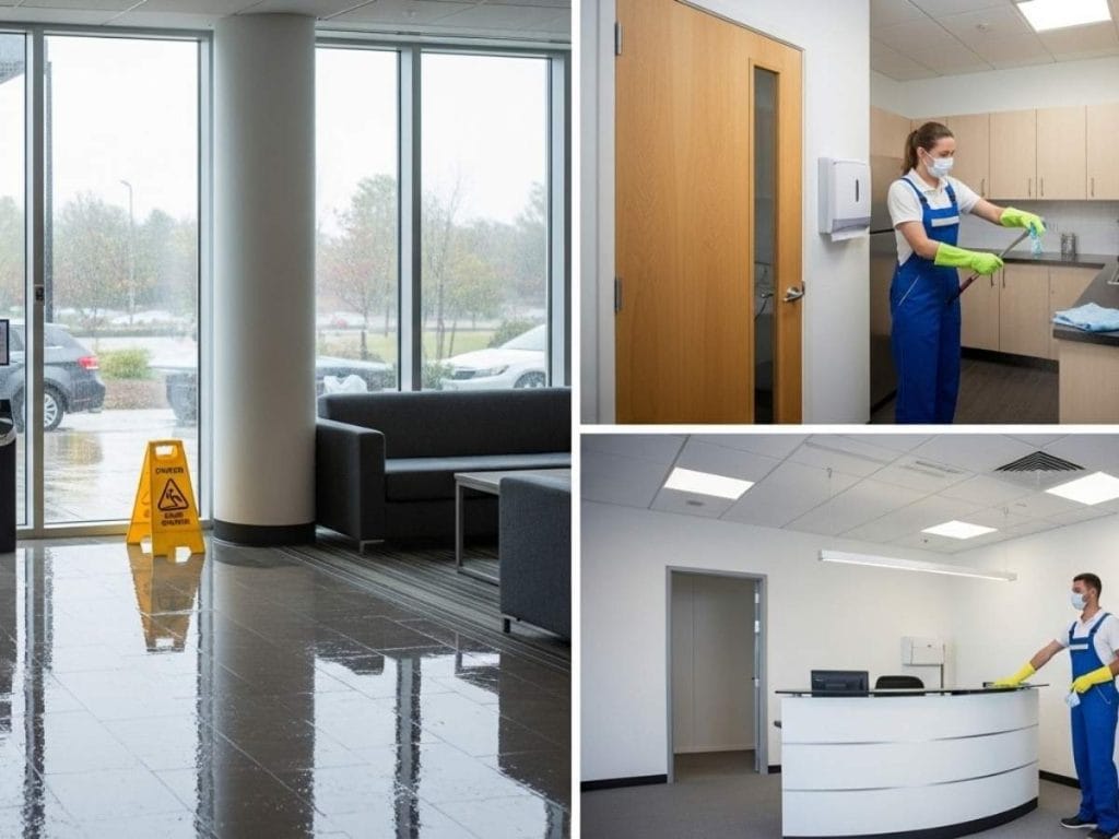 Commercial office environment highlighting workplace cleaning risks including wet floors, surface sanitisation, and HVAC maintenance.