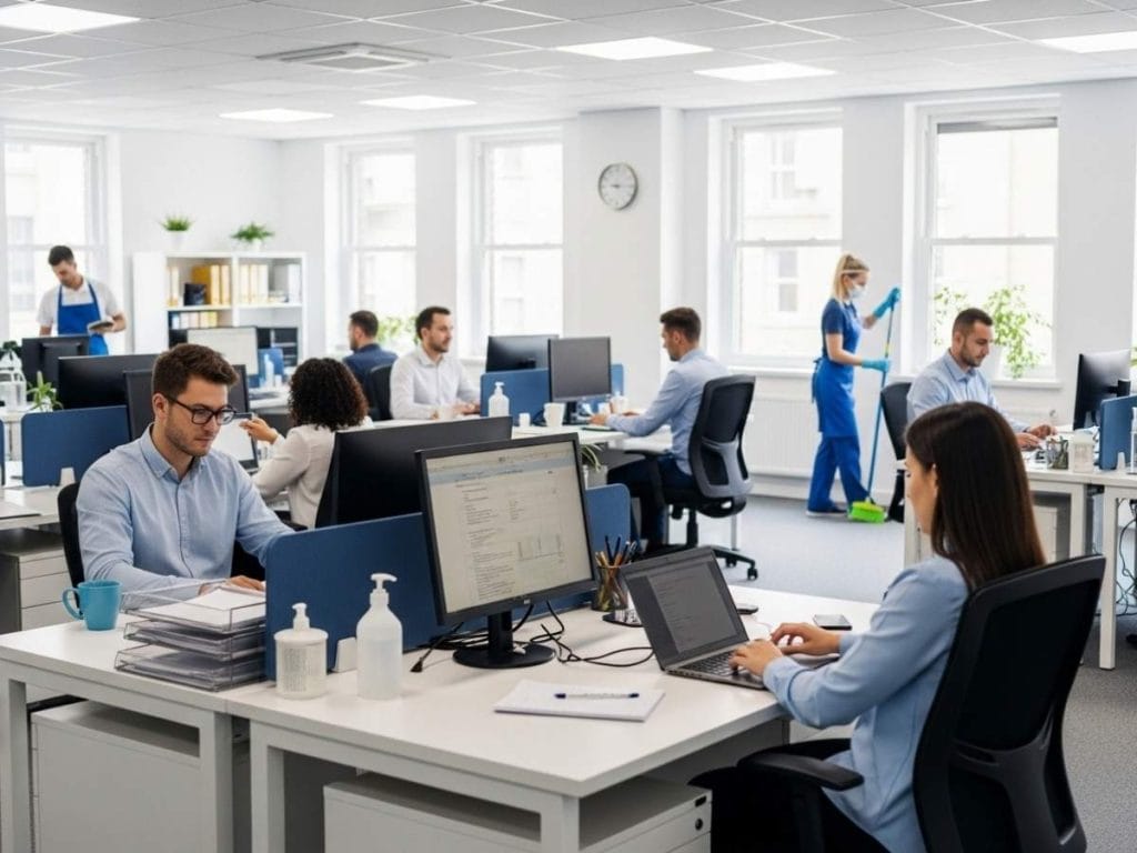 Clean and organized office with employees working productively, reflecting improved confidence and reduced absenteeism