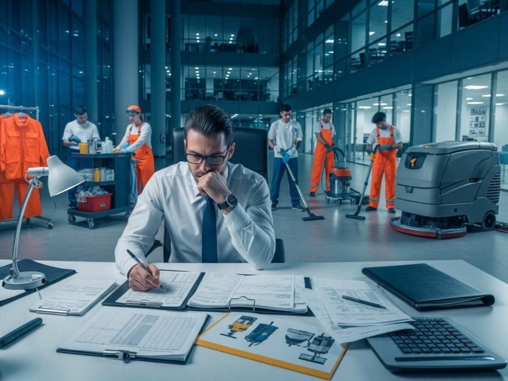 Facilities manager reviewing cleaning costs and equipment expenses while a commercial cleaning team works in a modern office building.