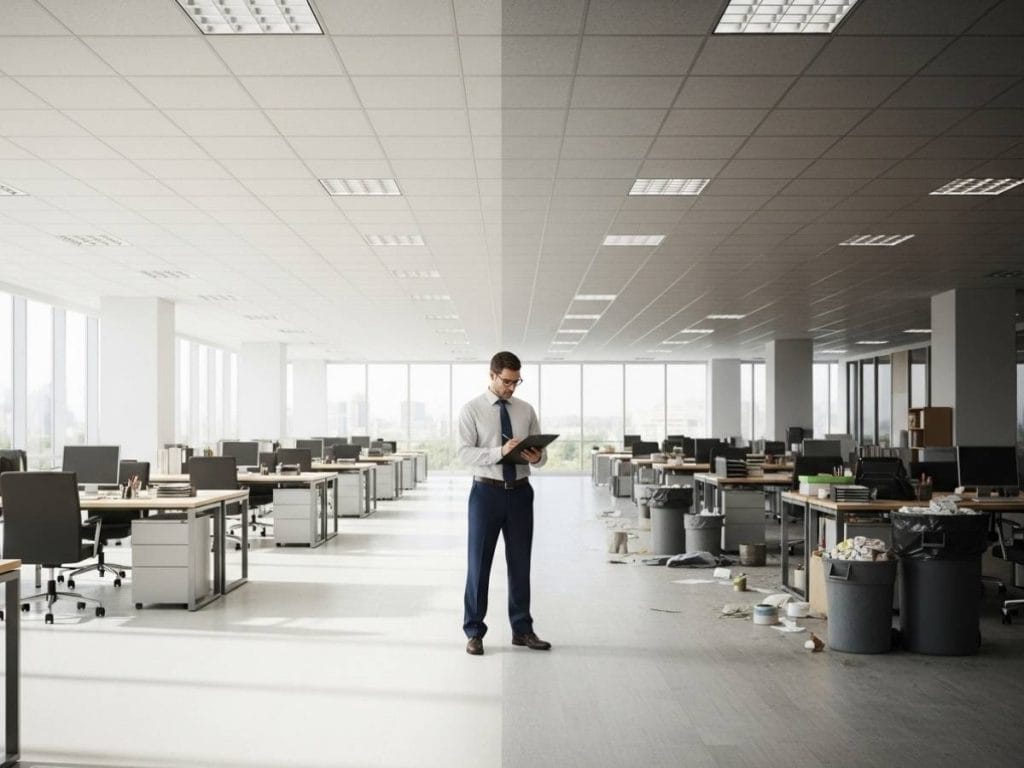 Contrast between clean and poorly maintained office spaces highlighting the impact of inconsistent commercial cleaning