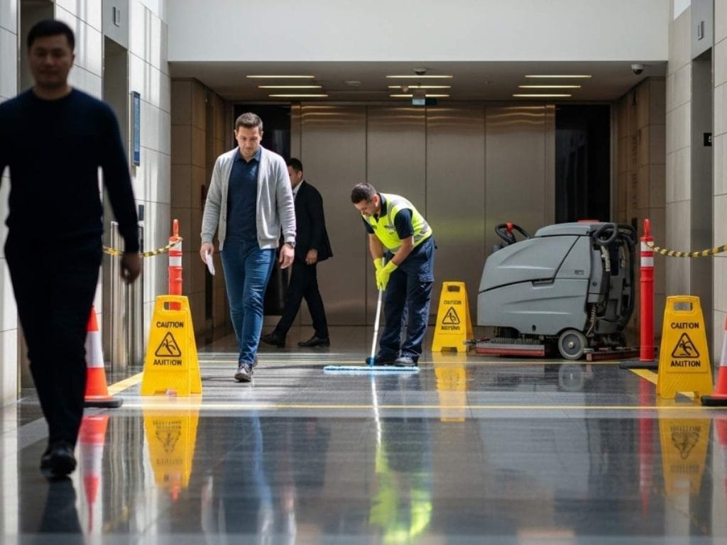Professional cleaner managing wet floor safety in a busy commercial building lobby with clear signage and controlled work zone.
