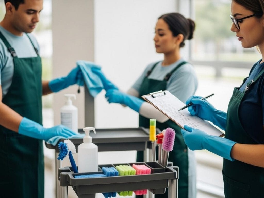 Commercial cleaning team following a structured disinfection protocol with checklist and color-coded equipment