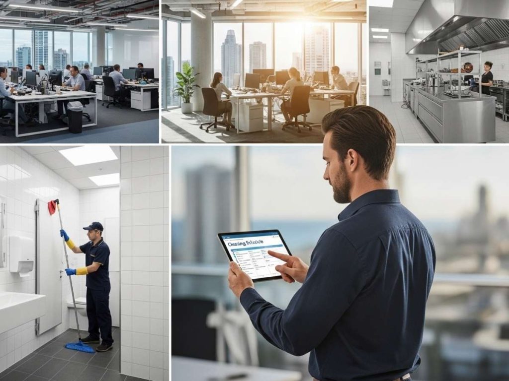 Facility manager reviewing a commercial cleaning schedule while different workplace areas are being cleaned in a modern business environment.