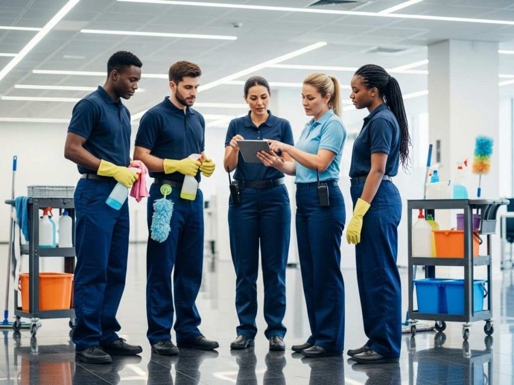 Commercial cleaning supervisor training a professional office cleaning team inside a modern workplace.
