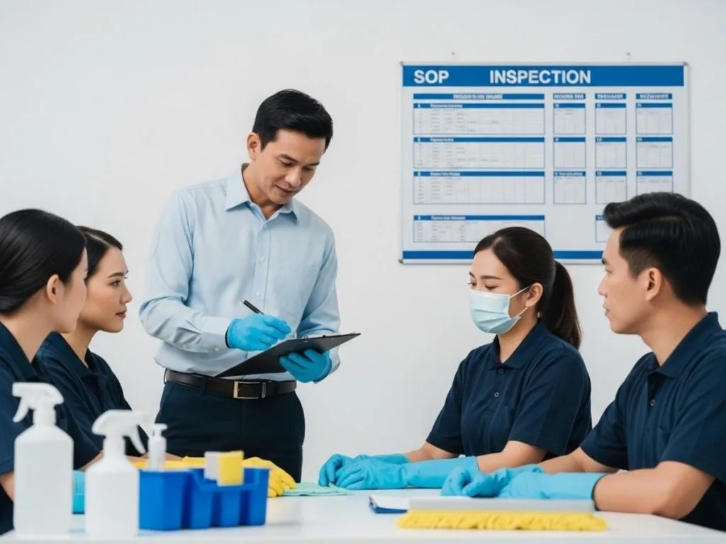 Commercial cleaning staff receiving structured training and supervision with PPE and SOP guidelines in a modern facility