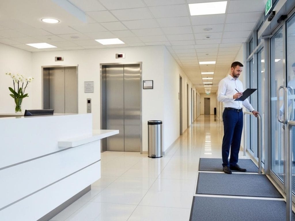 Facilities manager auditing cleanliness of office reception, corridors, and lift lobby transition areas.