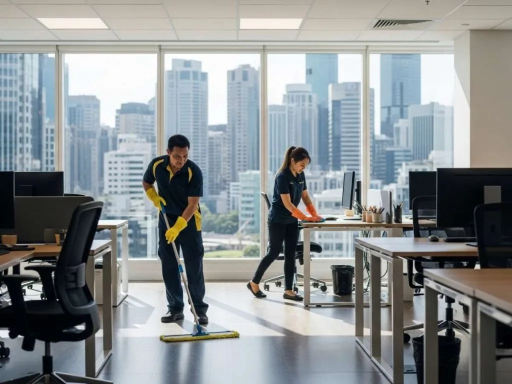 Professional cleaners maintaining a modern Brisbane office workspace during routine commercial cleaning.