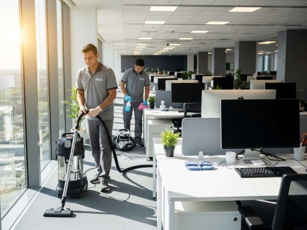 Professional cleaners maintaining a modern office workspace with vacuuming and surface disinfecting.