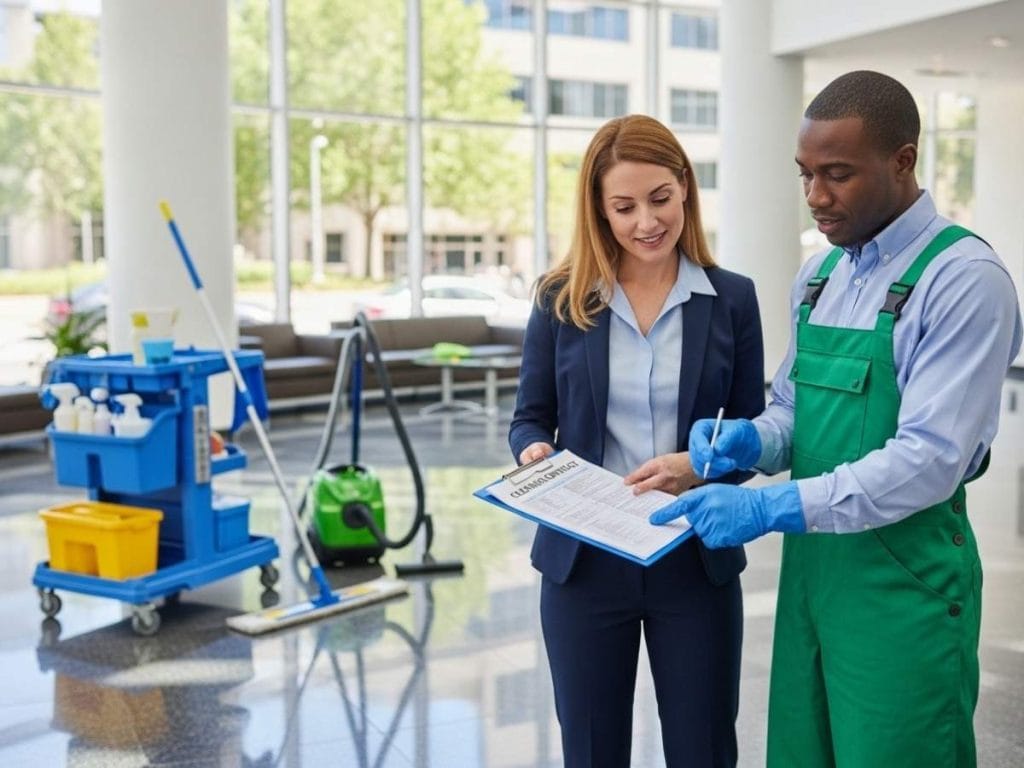Office manager and cleaning supervisor reviewing a commercial cleaning contract in a modern office building.