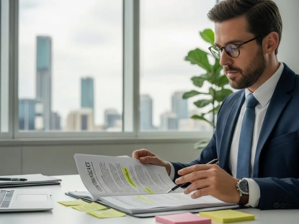 Facility manager reviewing a commercial cleaning contract termination clause in a Brisbane office setting.