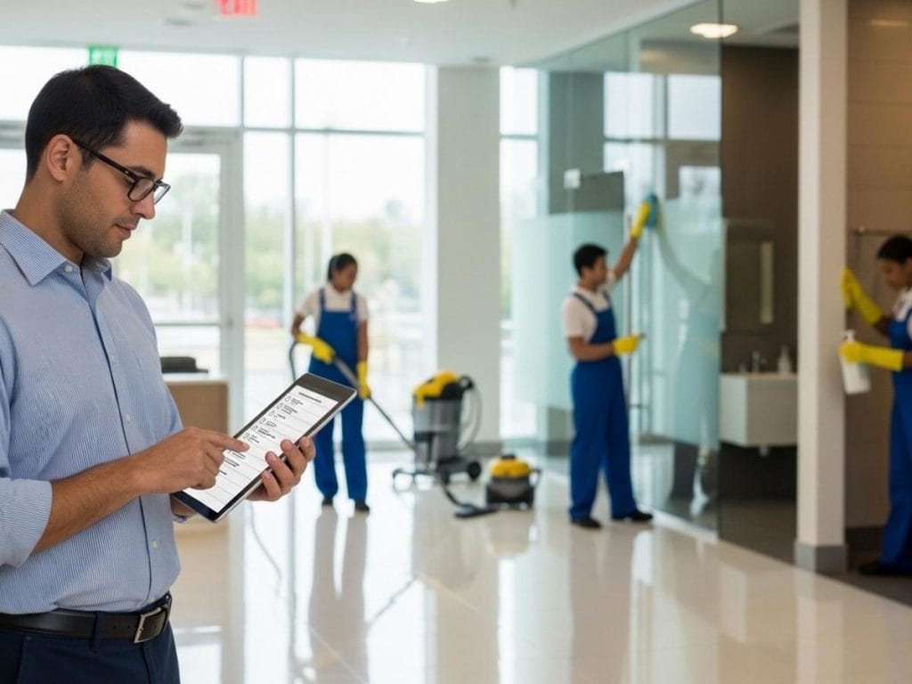 Facility manager reviewing a commercial cleaning service checklist while janitorial staff perform cleaning tasks in a modern office building.