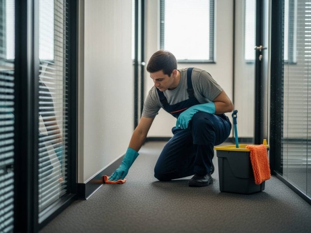 Professional cleaner wiping skirting boards and vertical surfaces in a modern office to remove dust from overlooked areas.