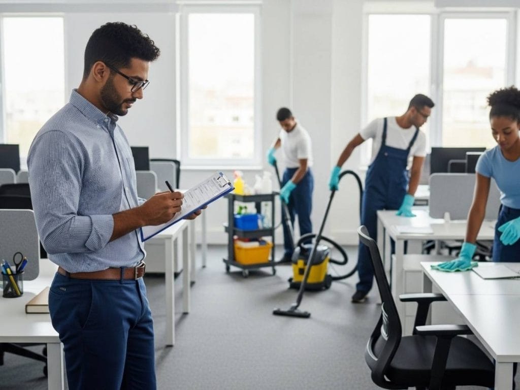 Office manager reviewing a professional cleaning checklist while staff perform routine office cleaning tasks in a modern workspace.
