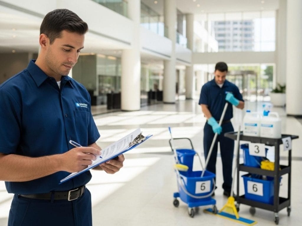 Commercial cleaning supervisor reviewing WHS safety documents in a modern office environment.