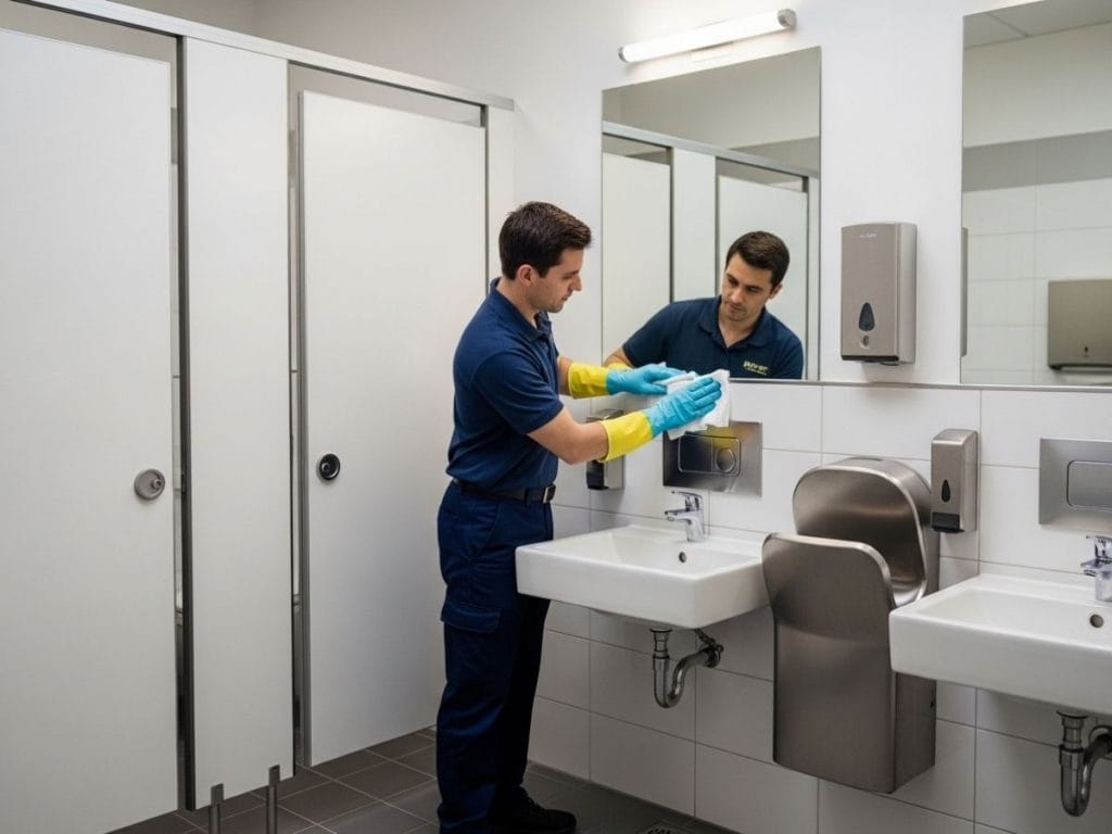 Professional cleaner disinfecting high-touch surfaces in a modern office washroom.
