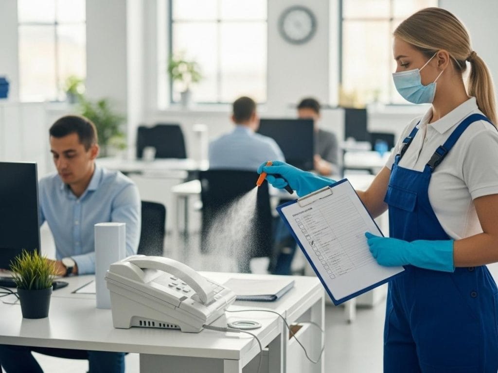 Professional cleaner following a structured checklist while disinfecting high-touch office surfaces to reduce workplace illness