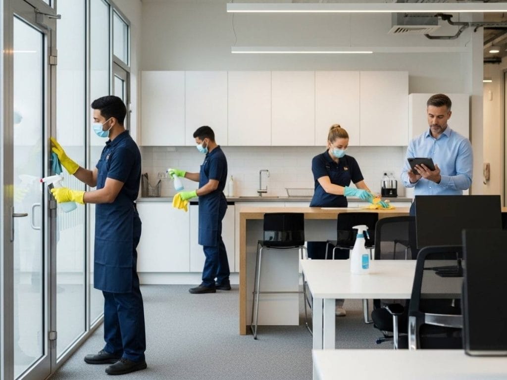 Commercial cleaners following structured schedules and disinfecting high-touch surfaces in a modern office.