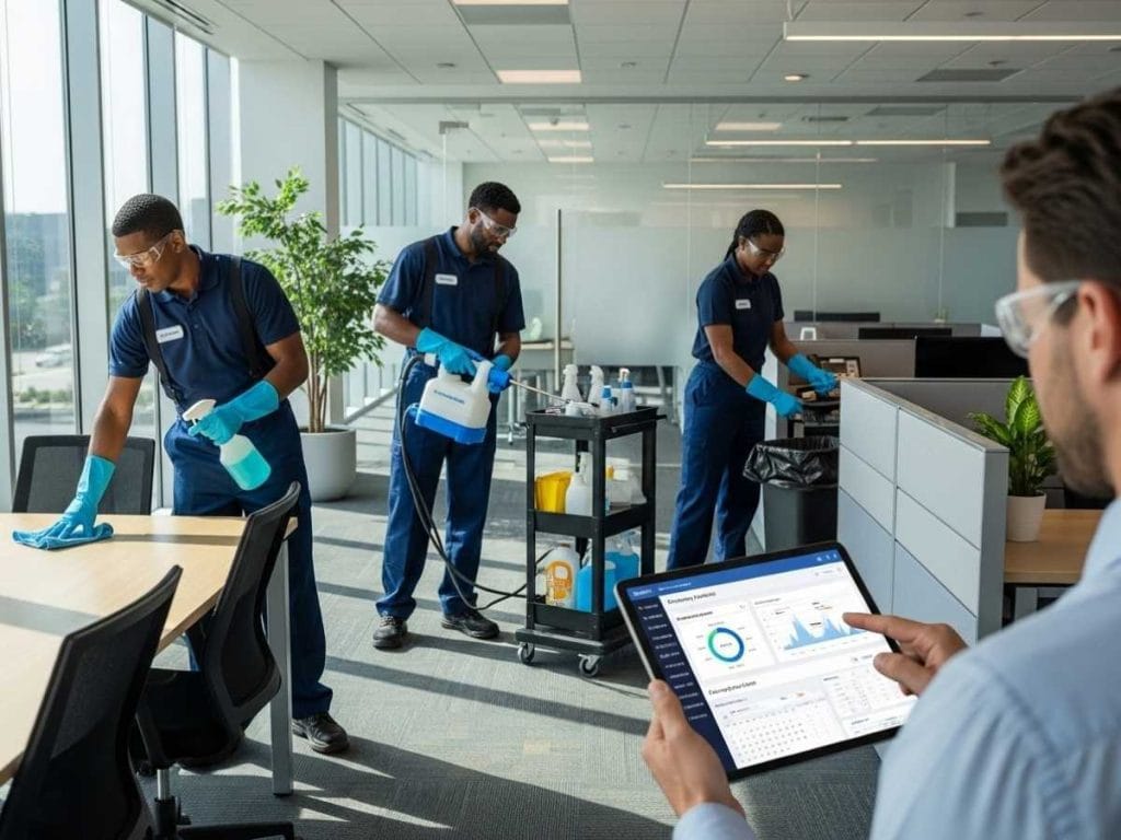 Facility manager reviewing commercial cleaning operations and compliance reports in a modern office environment