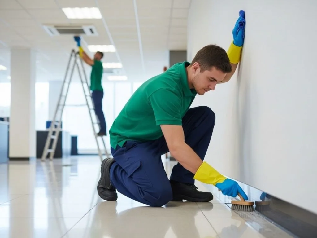 Commercial cleaning professional performing detailed cleaning on grout lines and vents inside a modern office building.