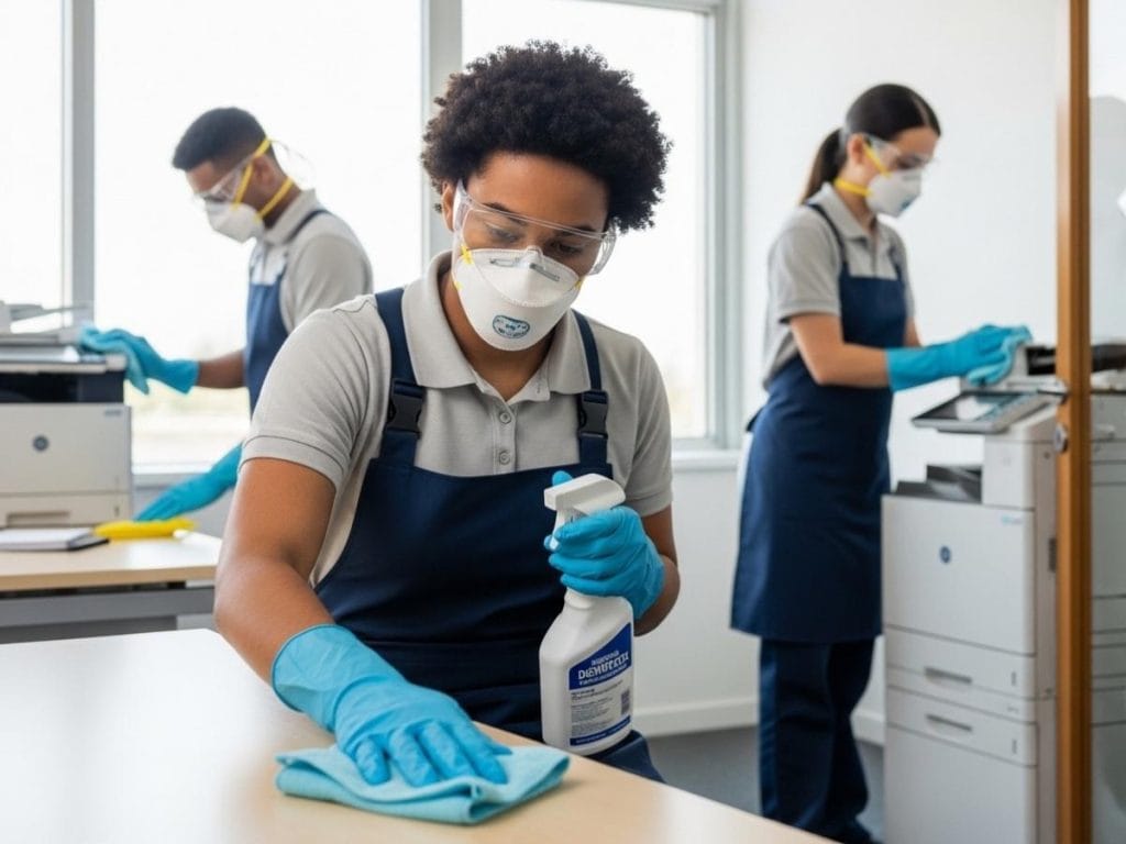 Commercial cleaning staff performing infection control disinfection on high-touch surfaces in a modern office setting.