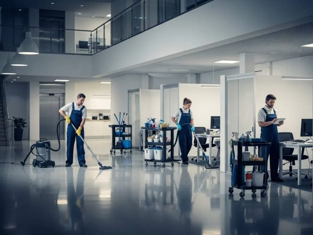Commercial cleaning team servicing different areas of a modern office building while a supervisor reviews quality checks.