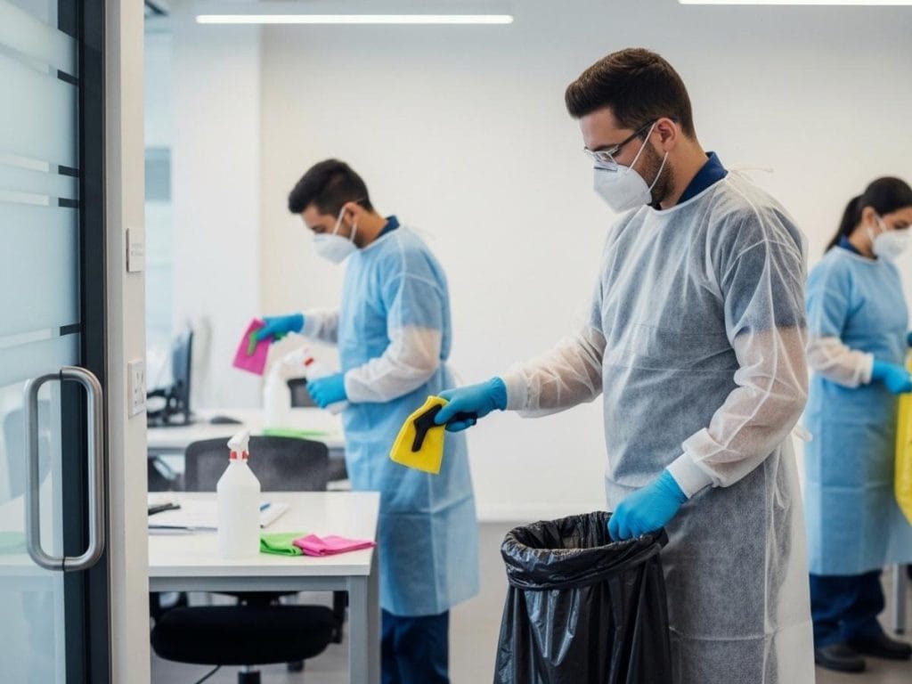 Professional cleaning team in PPE performing infection control disinfection in a commercial space using structured procedures.