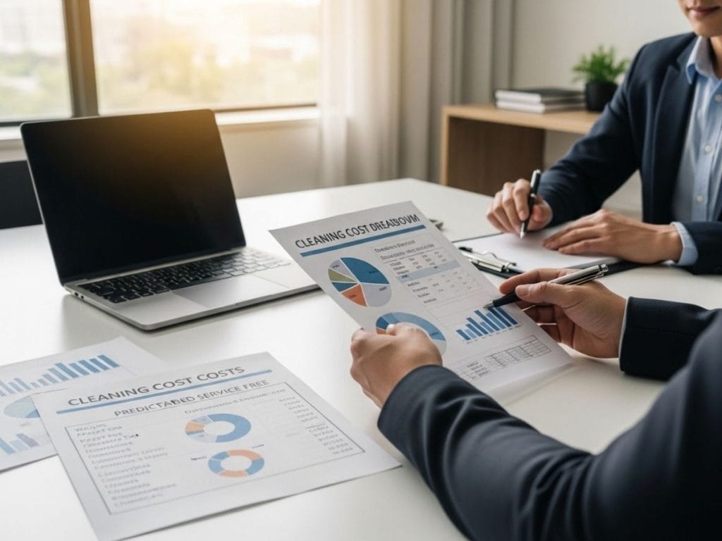 Facilities manager reviewing a cost comparison between in-house cleaning expenses and outsourced commercial cleaning services.