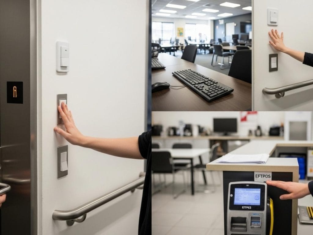 Close-up of common high-touch surfaces in offices and shared facilities, including door handles, elevator buttons, and shared equipment