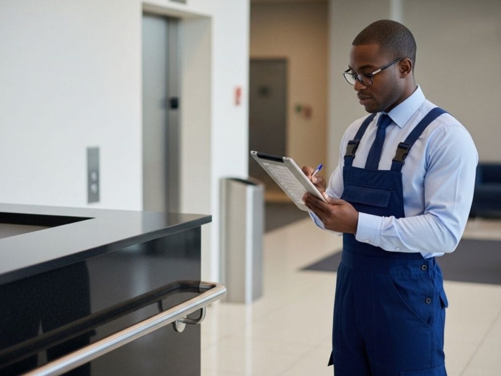 Facility manager inspecting high-touch surfaces using a digital cleaning checklist in a modern building