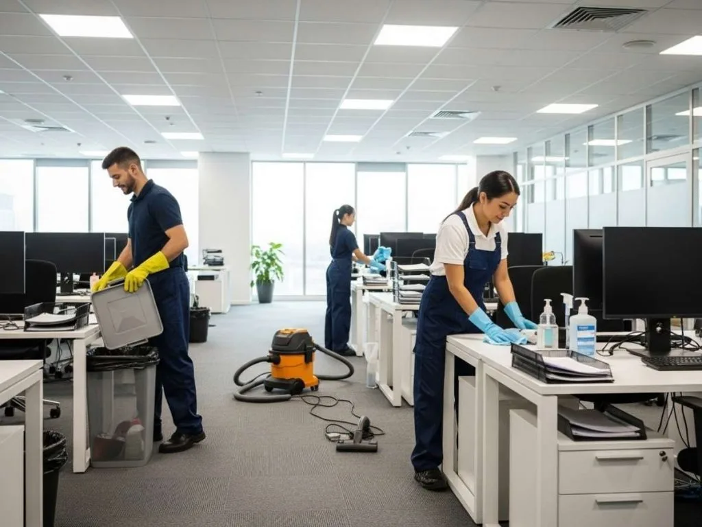 Janitorial staff performing routine commercial office cleaning including vacuuming, waste removal, and wiping desks.