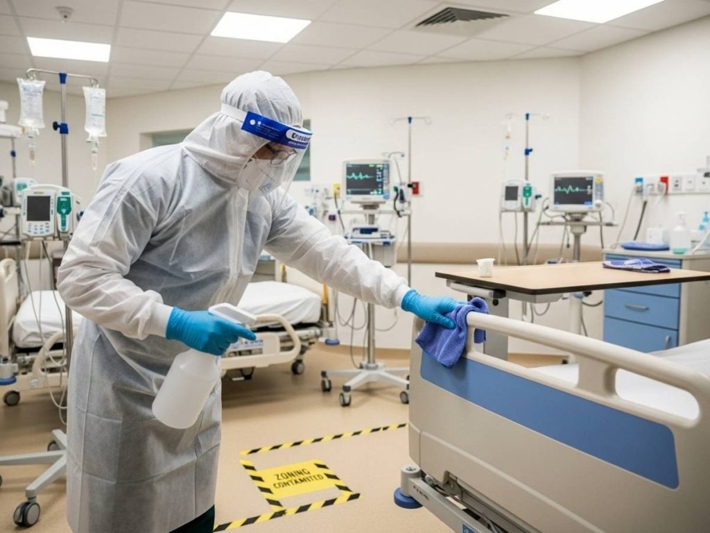 Medical cleaning professional disinfecting a hospital treatment room using strict infection control procedures