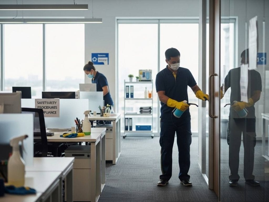 Workplace hygiene compliance in a modern office with professional cleaning and safety procedures in place.