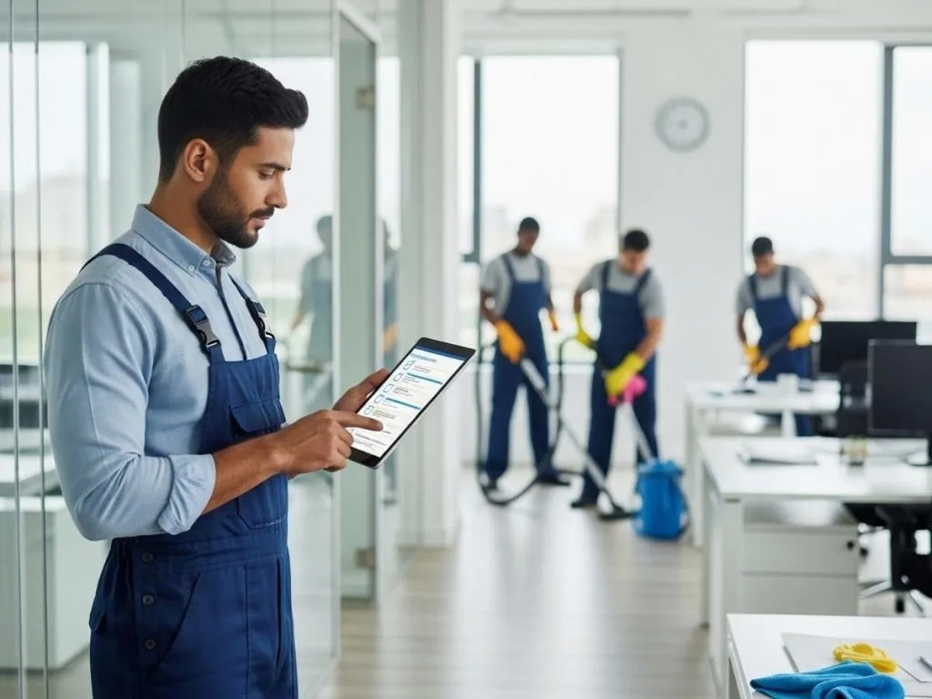 Commercial cleaning supervisor reviewing service checklist while professional cleaners work in a modern office.
