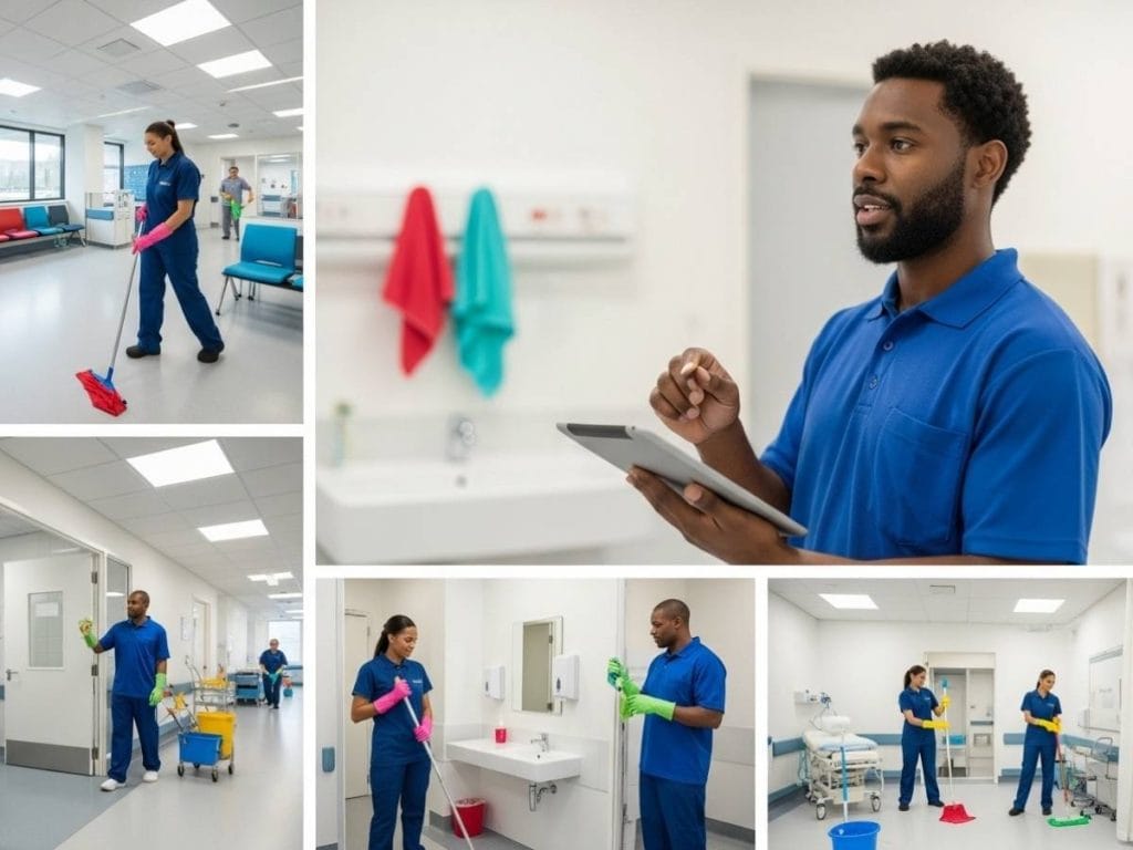Cleaning supervisor assessing infection control procedures in a healthcare facility with color-coded cleaning tools and staff at work