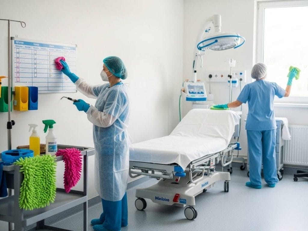 Healthcare cleaning staff following compliance protocols with PPE, checklists, and color-coded tools in a clinical setting.