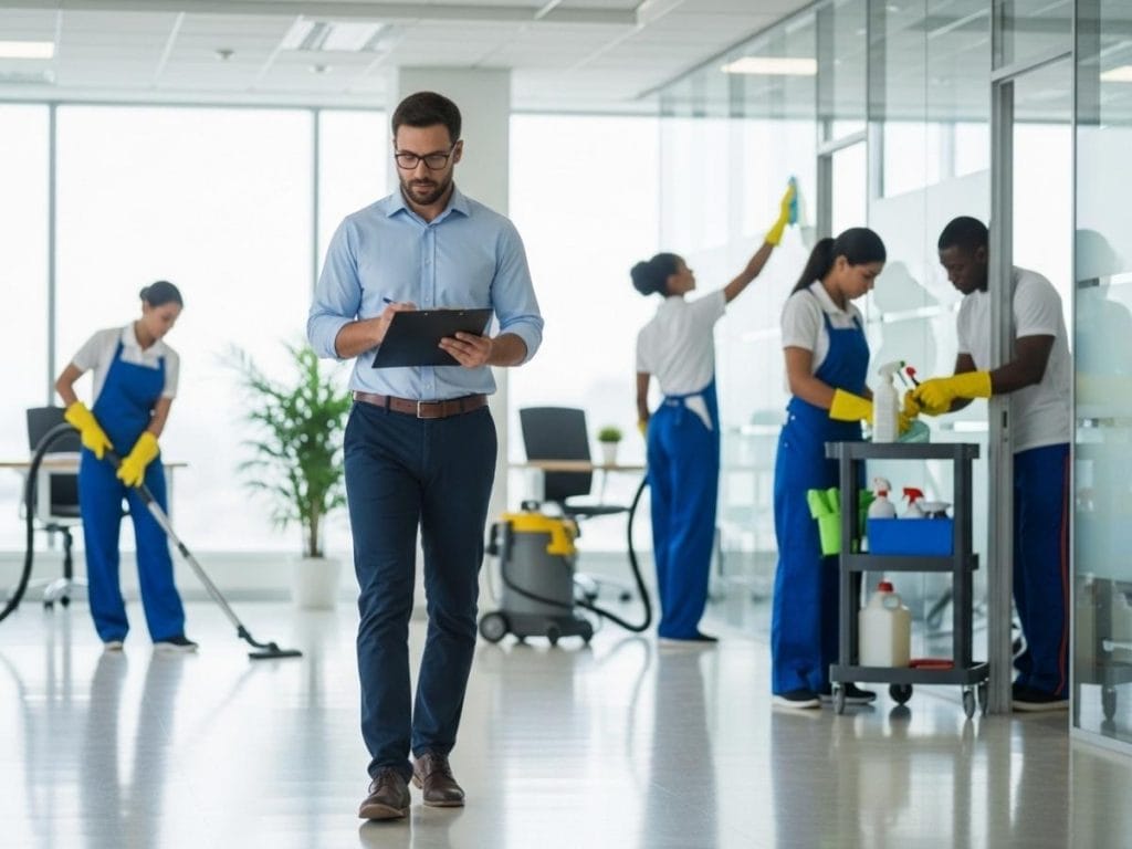 Facilities manager reviewing a commercial cleaning checklist while a professional cleaning team works inside a modern office building.