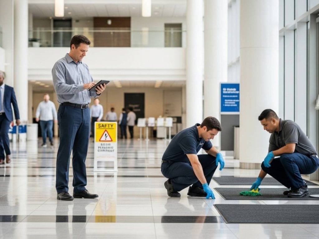 Commercial cleaning team performing a structured safety inspection in a high-traffic office building lobby.