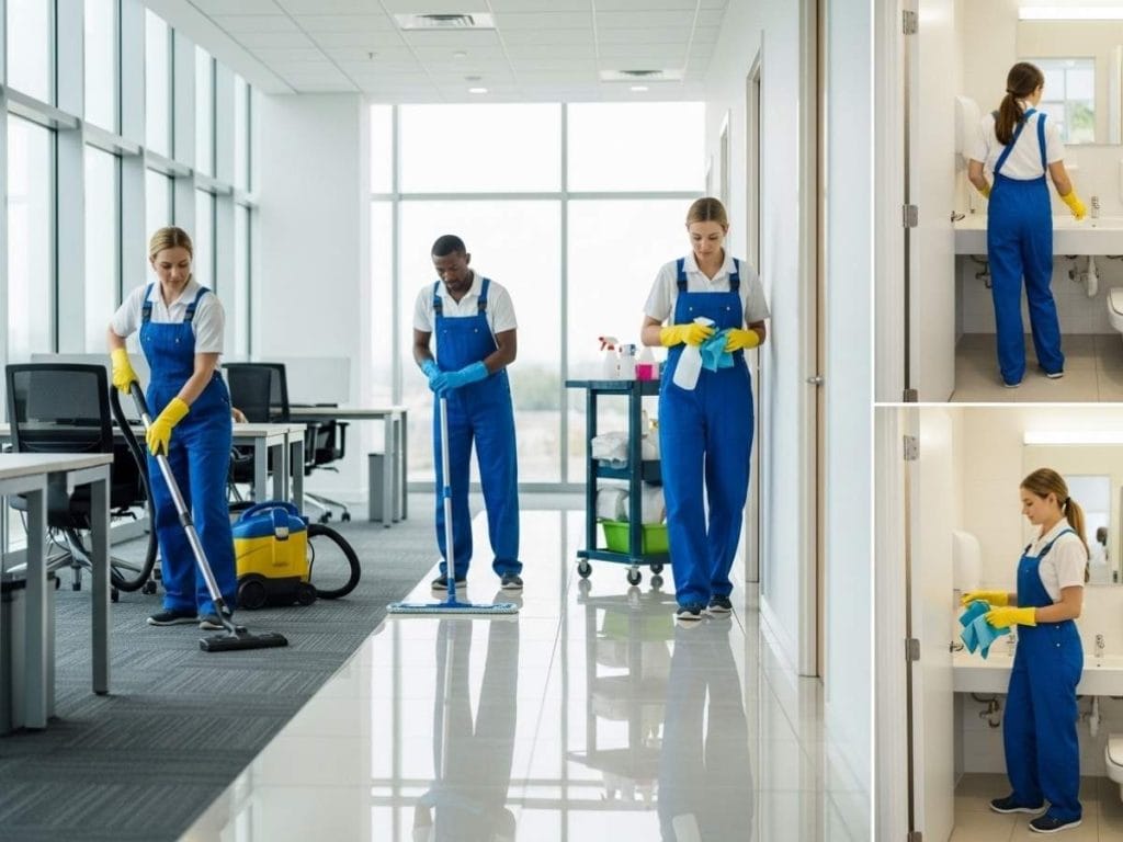Professional commercial cleaners performing routine office cleaning tasks including vacuuming, mopping, disinfecting surfaces, and restocking restroom supplies.