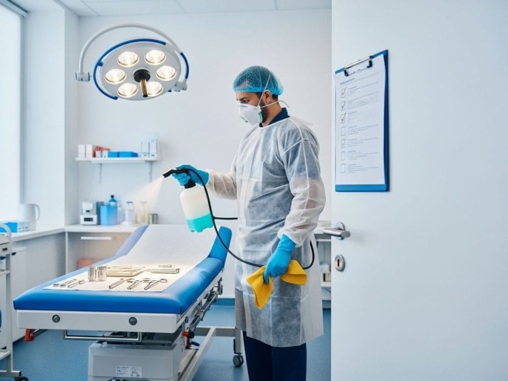 Medical cleaner disinfecting a clinical treatment room following strict healthcare safety and compliance standards