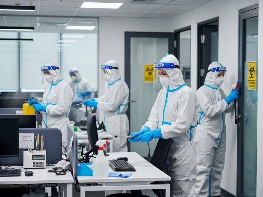 Professional cleaning team in protective gear disinfecting office surfaces during infection control cleaning.