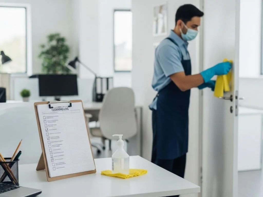 Professional cleaner documenting detailed sanitation work in a modern office to maintain hygiene standards and regulatory compliance.