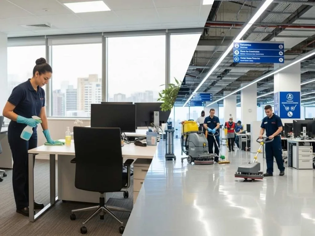 Side-by-side comparison of light general cleaning in a small office and professional commercial cleaning in a large workplace facility.
