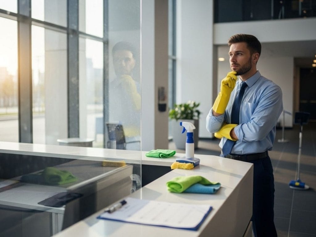 Facilities manager reviewing office cleanliness and cleaning performance during a workplace inspection.