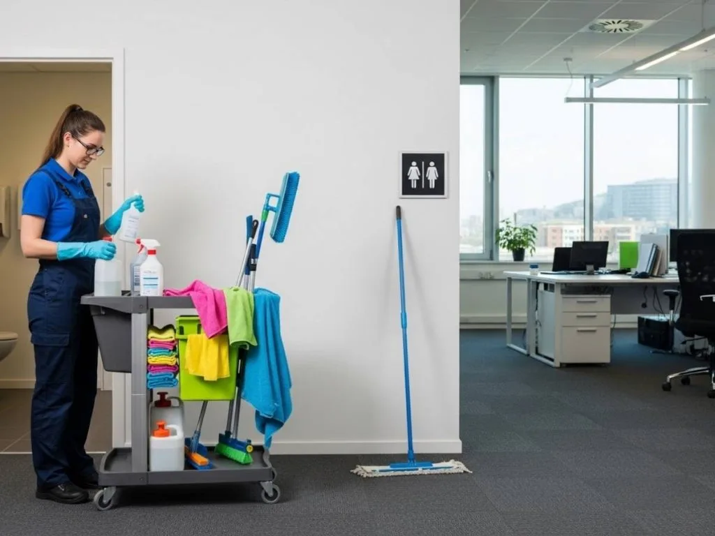 Cleaning trolley in office showing cross-contamination risks between restroom and workspace areas