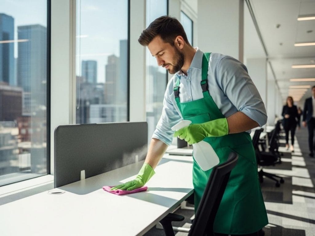 Professional cleaner disinfecting a desk in a busy corporate office to maintain workplace hygiene and compliance.